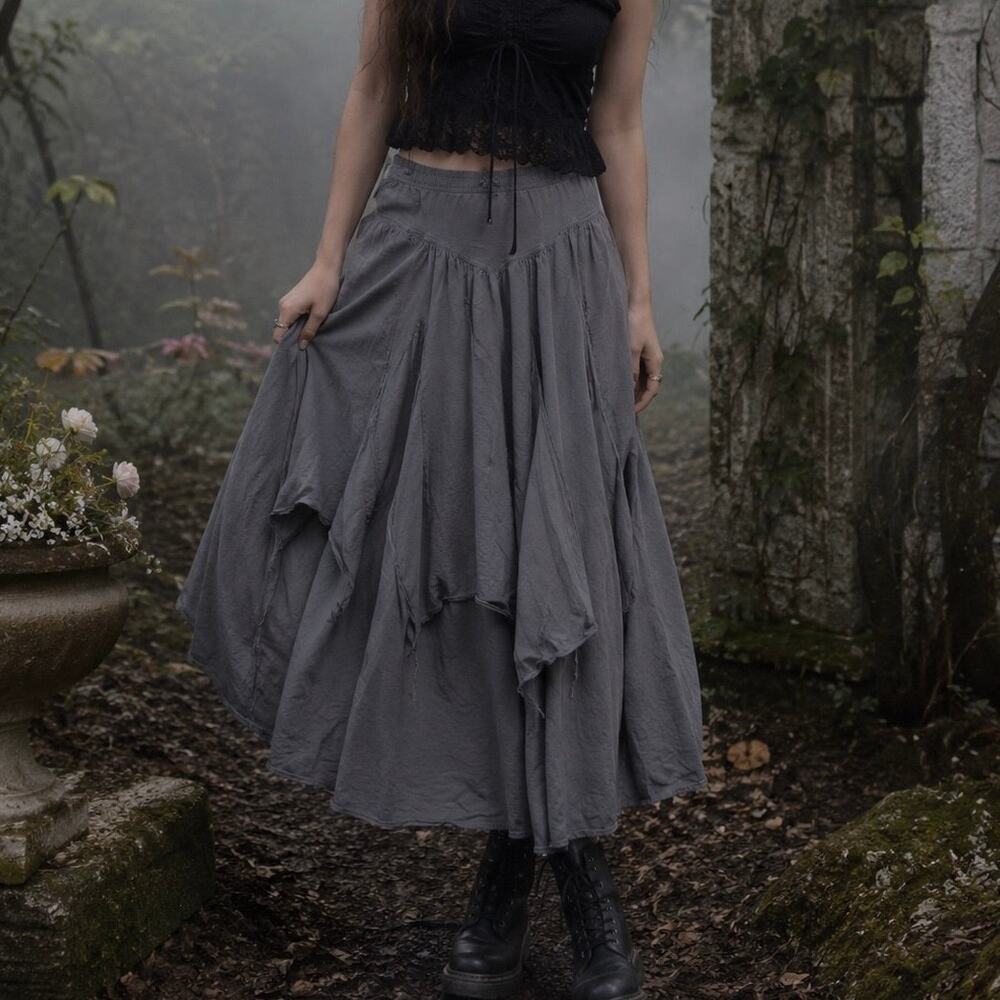 Time Traveler Cotton Gray Basque Waist Asymmetrical Midi Skirt RenFaire Size XS